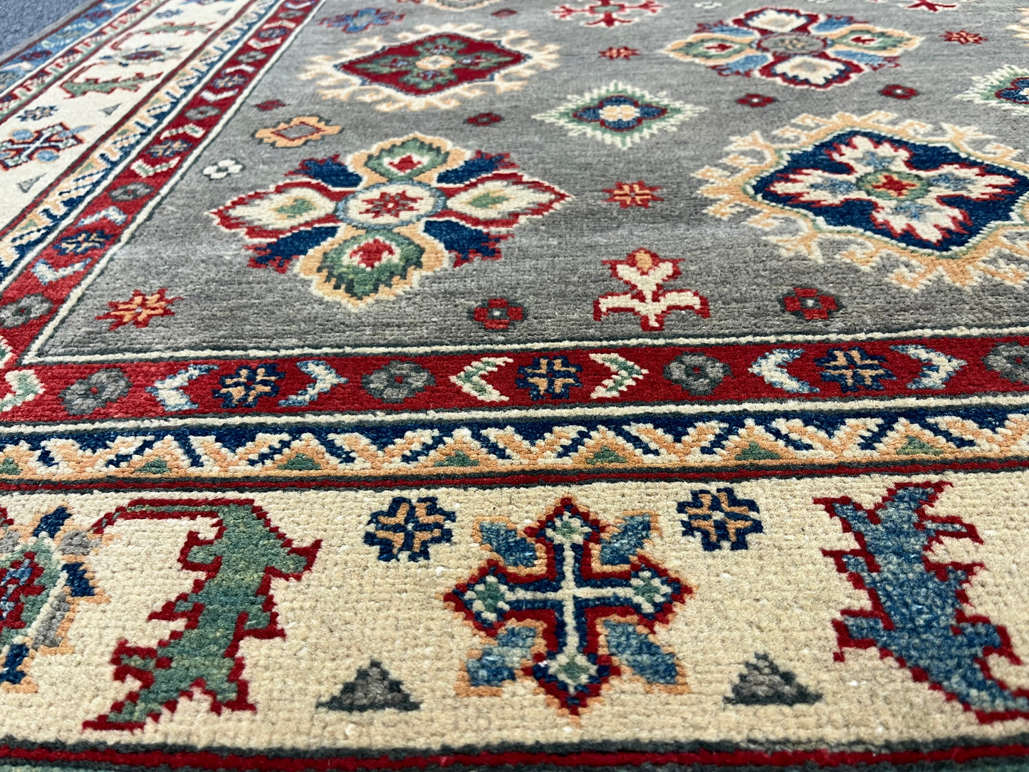 Gray Geometric Kazak 5X7 Handmade Wool Rug # 13809