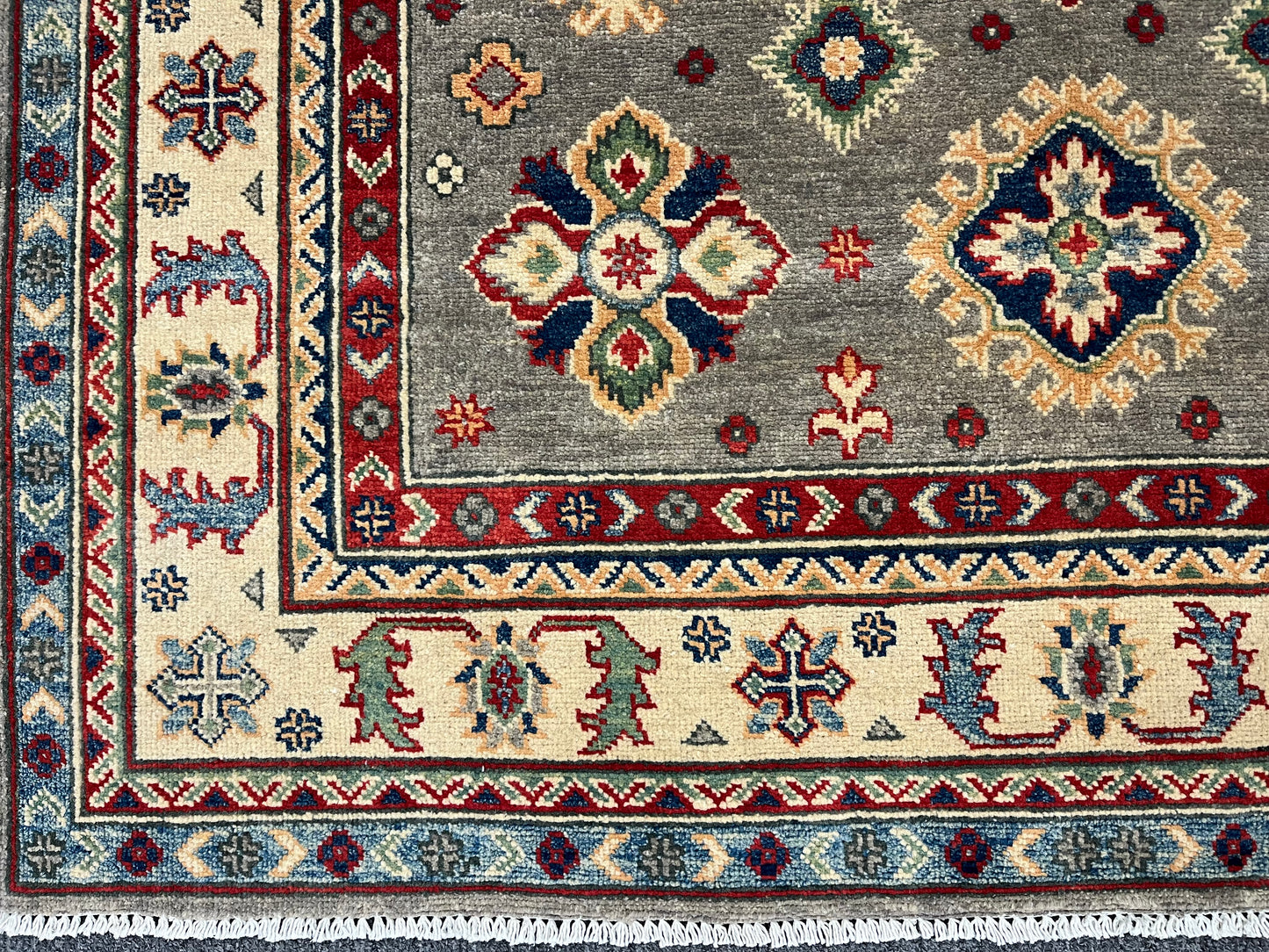 Gray Geometric Kazak 5X7 Handmade Wool Rug # 13809