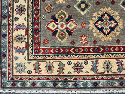 Gray Geometric Kazak 5X7 Handmade Wool Rug # 13809