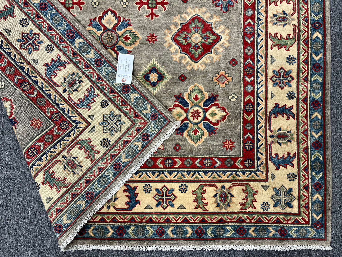 Gray Geometric Kazak 5X7 Handmade Wool Rug # 13809