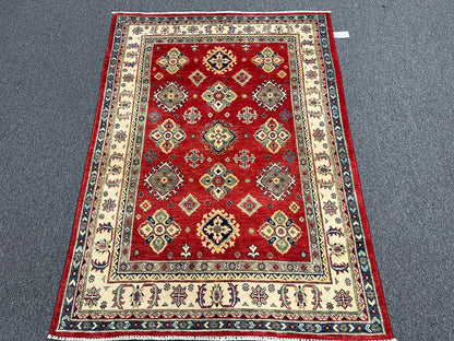 Red Geometric Kazak 5X7 Handmade Wool Rug # 13811