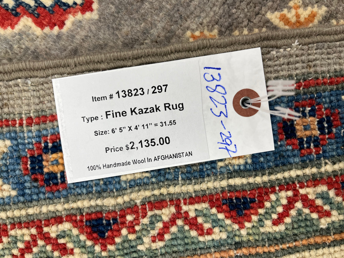 Gray/Beige Geometric Kazak 5X7 Handmade Wool Rug # 13823