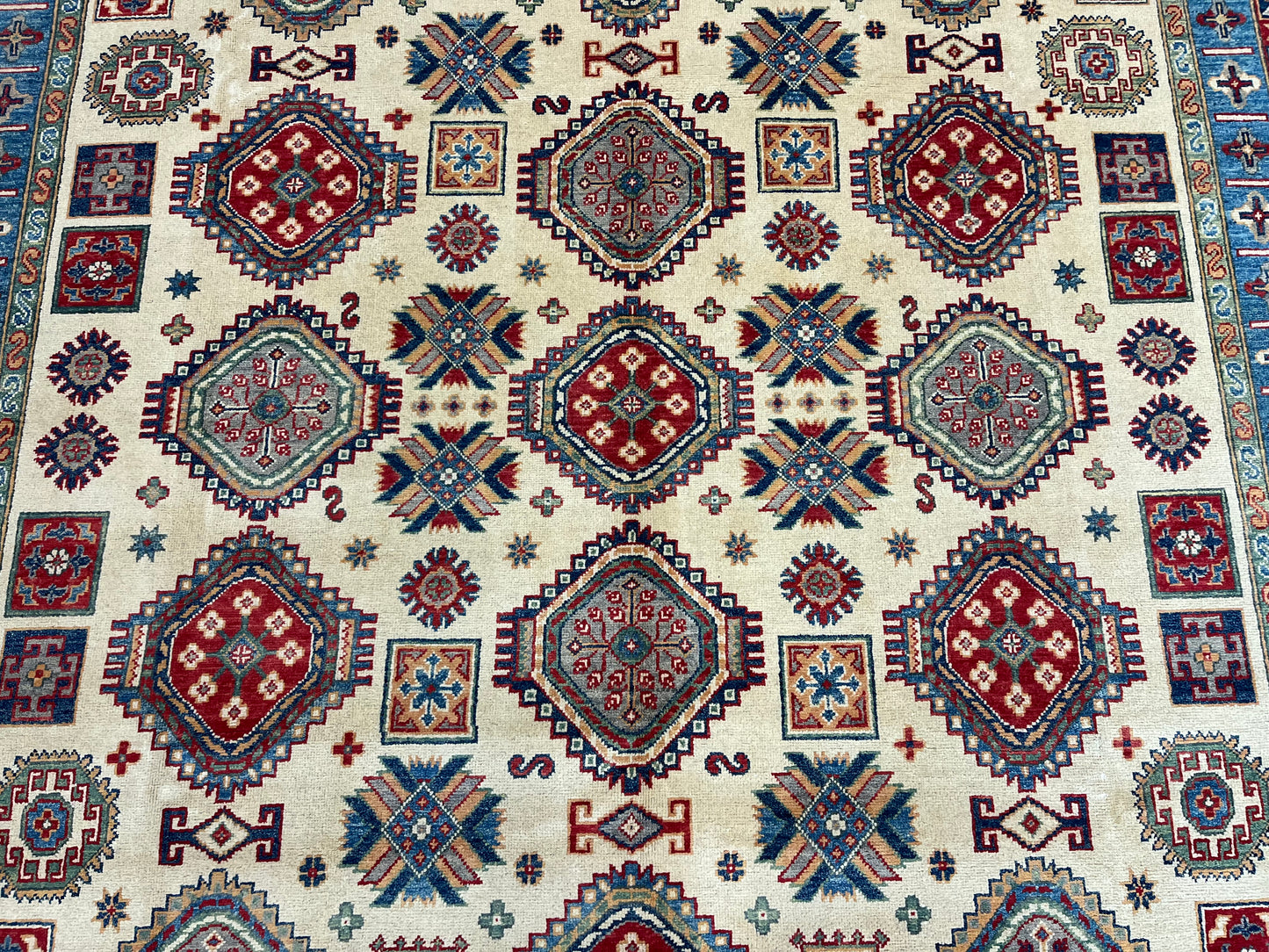 Beige Kazak Geometric 8X10 Handmade Wool Rug # 13708