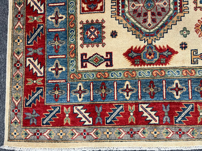 Beige Kazak Geometric 8X10 Handmade Wool Rug # 13708