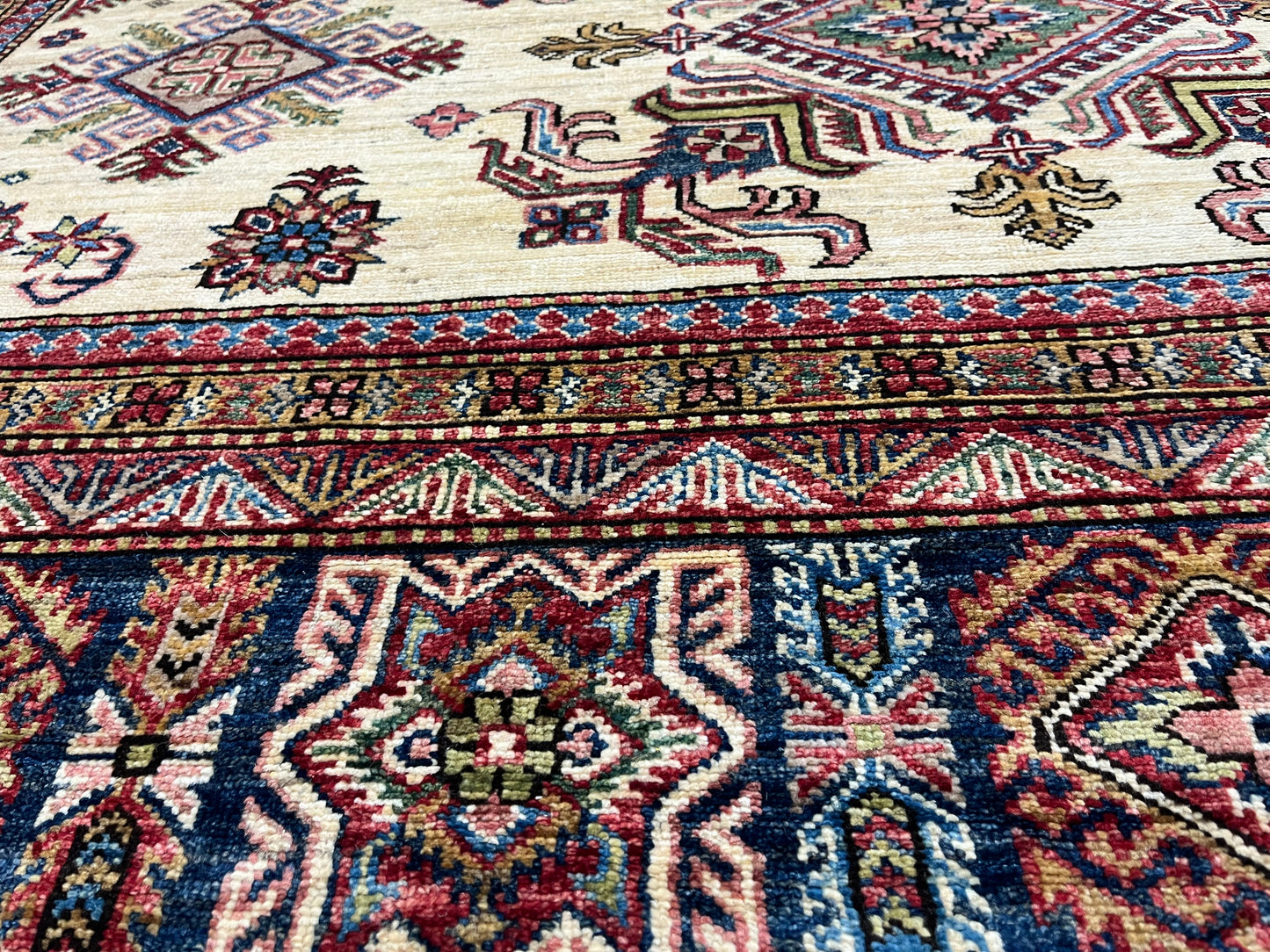 Beige Multicolor Super Kazak 8X10 Handmade Wool Rug # 14350