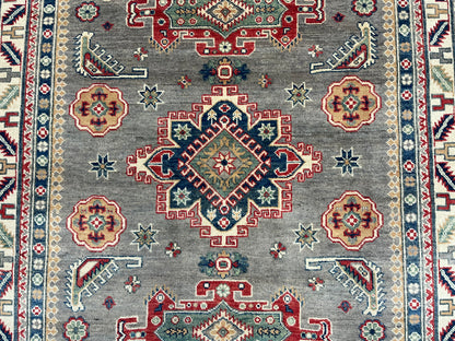 Gray/Beige Geometric Kazak 5X7 Handmade Wool Rug # 13831
