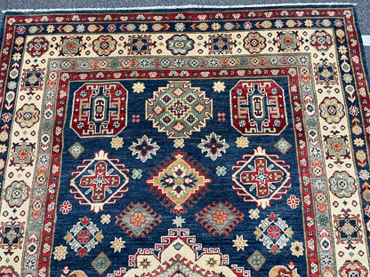 Geometric Navy Blue Kazak 6X8 Handmade Oriental Rug # 13659