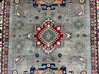 Geometric Gray Kazak 5X7 Handmade Oriental Rug # 13656