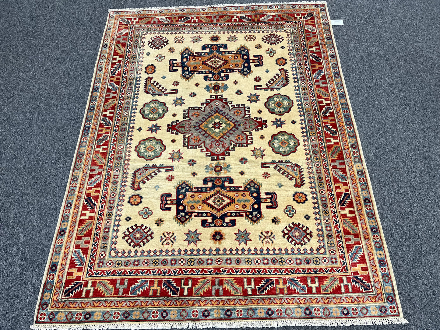 Beige Geometric Kazak 5X7 Handmade Oriental Rug # 13699