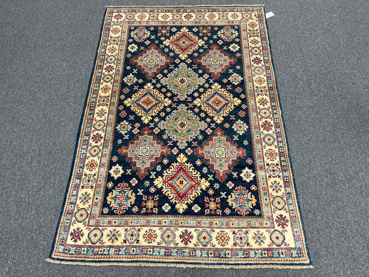 Navy Geometric Kazak 5X7 Handmade Oriental Rug # 13701