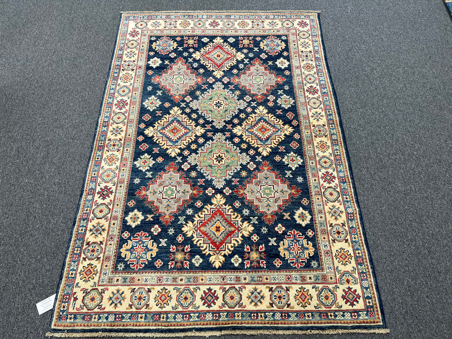 Navy Geometric Kazak 5X7 Handmade Oriental Rug # 13701