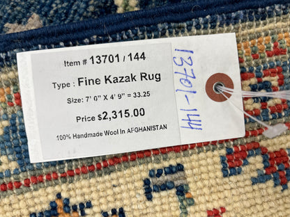 Navy Geometric Kazak 5X7 Handmade Oriental Rug # 13701