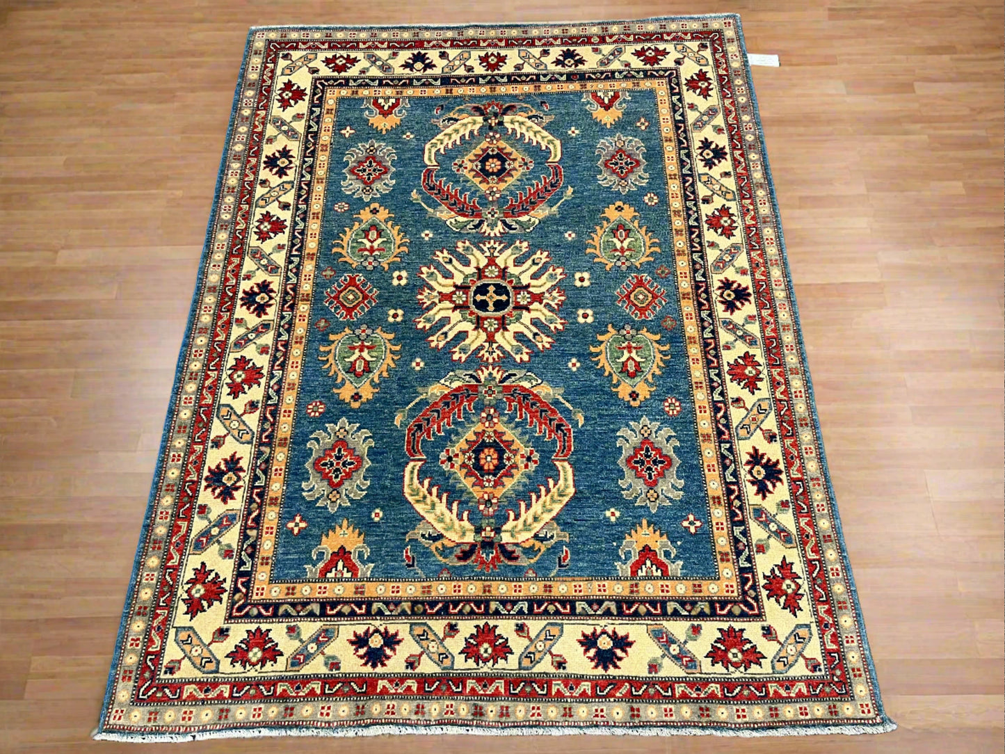 Light Blue Geometric Kazak 5X7 Handmade Oriental Rug # 13911