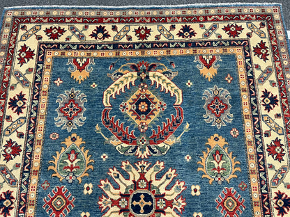Light Blue Geometric Kazak 5X7 Handmade Oriental Rug # 13911