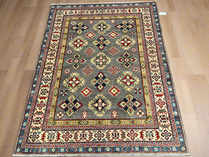 Gray Geometric Kazak 5X7 Handmade Wool Rug # 13825