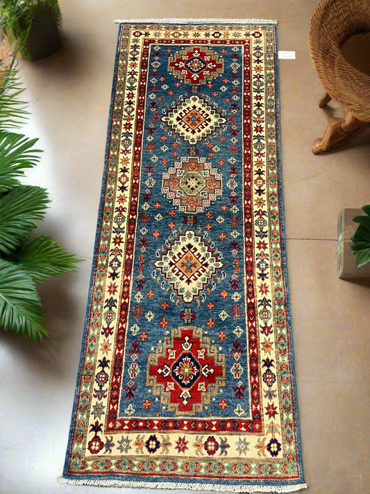 Runner Kazak Light Blue 2' 7"X7' Handmade Wool Rug # 13804