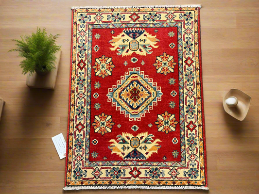 2X3 Red Geometric Kazak Handmade Wool Rug # 13879