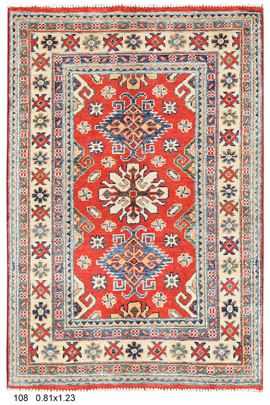 Geometric Red Kazak 3X4 Handmade Wool Rug # 14469