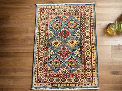 2X3 Blue Geometric Kazak Handmade Wool Rug # 13881