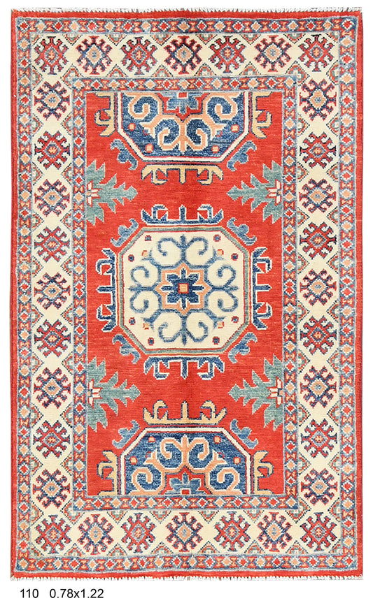 Geometric Red Kazak 3X4 Handmade Wool Rug # 14471