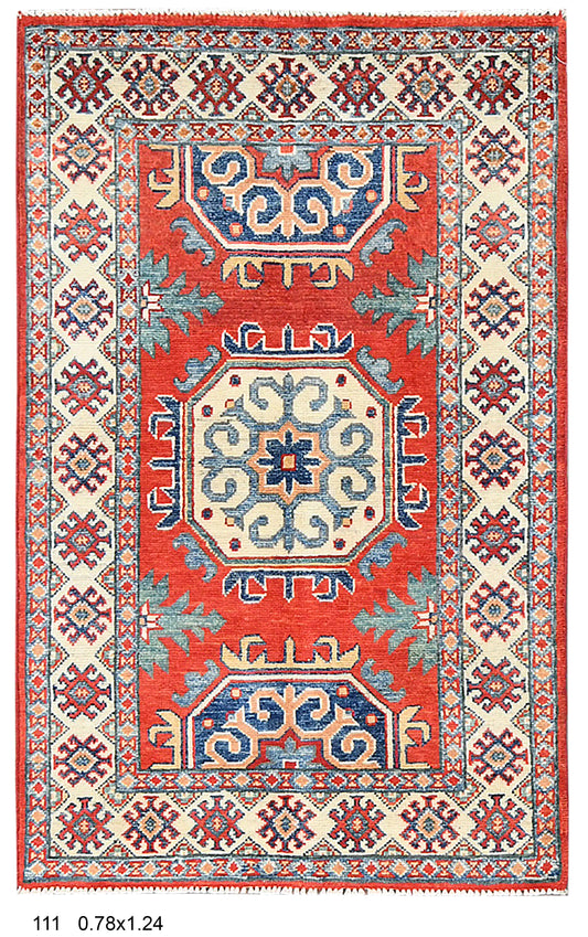 Geometric Red Kazak 3X4 Handmade Wool Rug # 14472