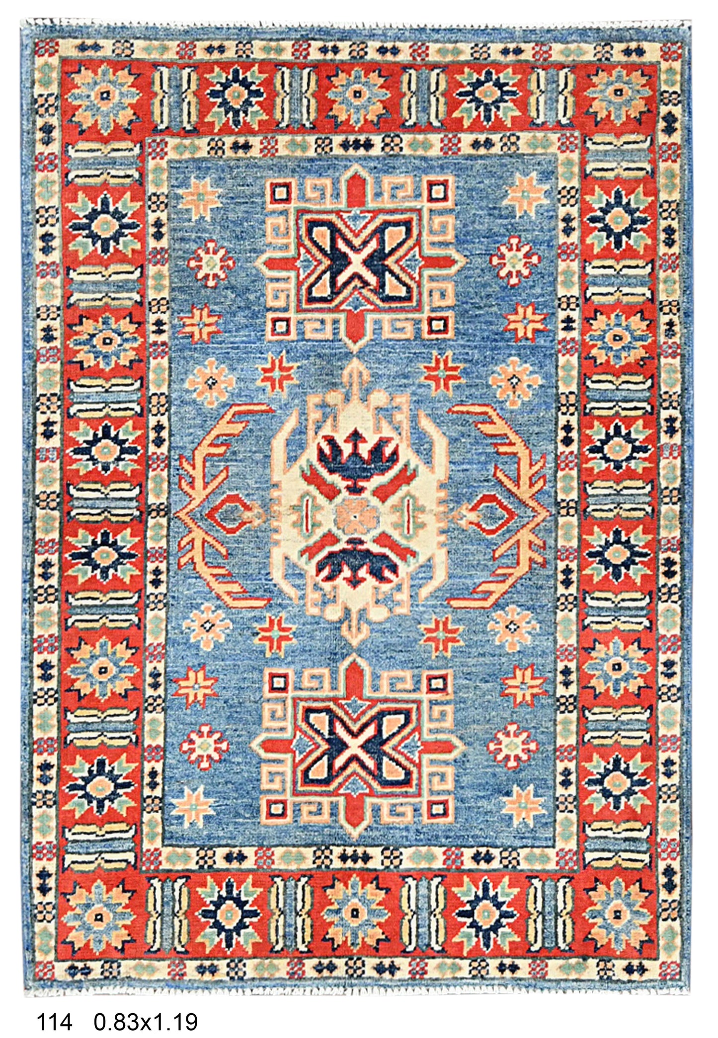 Geometric Light Blue Kazak 3X4 Handmade Wool Rug # 14475