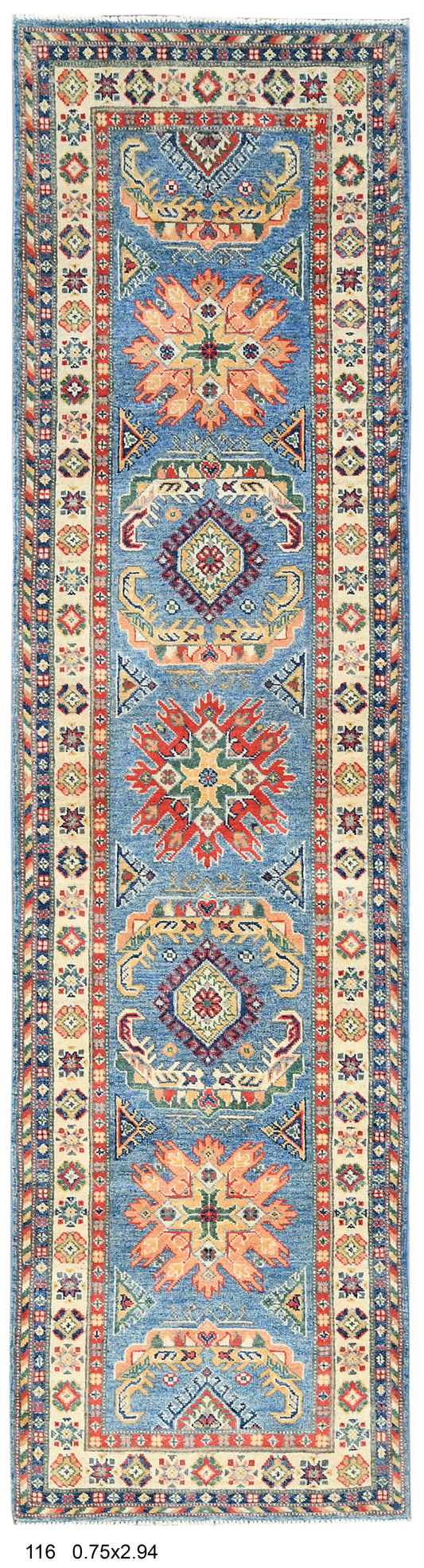 Kazak Light Blue 2' 6"X10' Handmade Wool Runner Rug # 14477