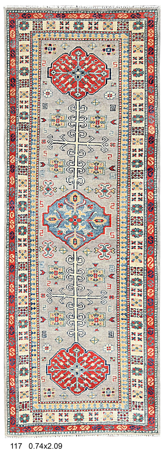 Gray Kazak Runner 2' 5"X7' Handmade Wool Rug # 14478