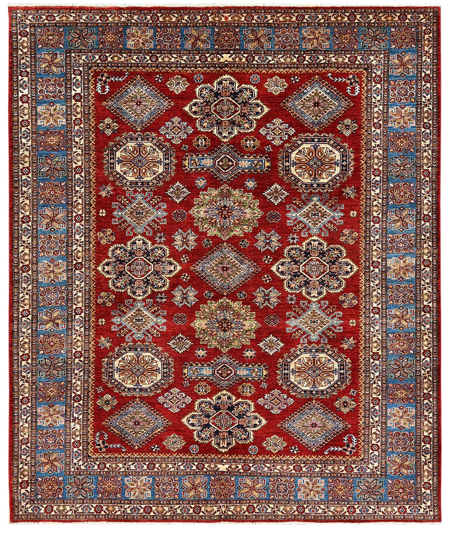 Super Kazak Red/ Light Blue 8X10 Handmade Wool Rug # 14521