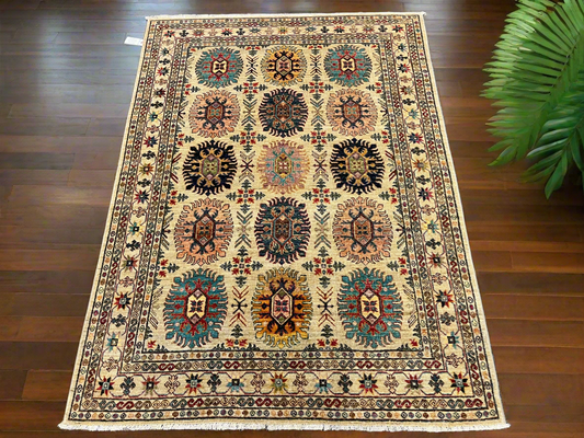 Beige Multicolor Tribal 5X7 Handmade Wool Rug # 13990