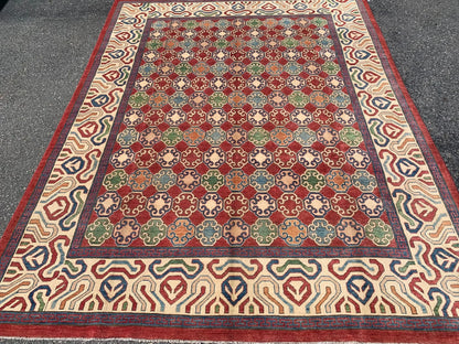 8X10 Kazak Rest/Beige/ Multicolor Handmade Wool Rug # 9961