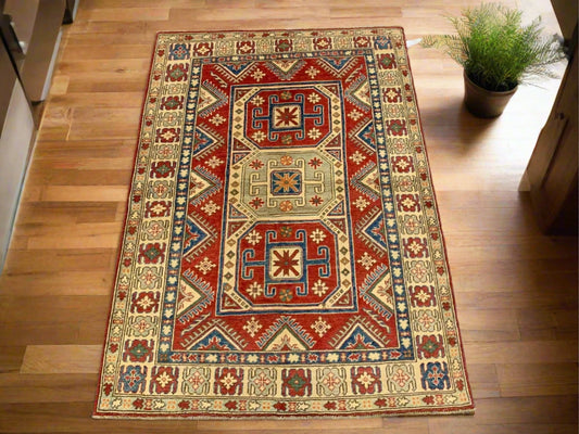 Geometric 4X6 Kazak Handmade Wool Rug # 9884