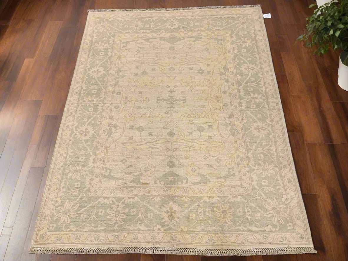 Oushak Ivory/Green 5X7 Handmade Wool Rug # 11560