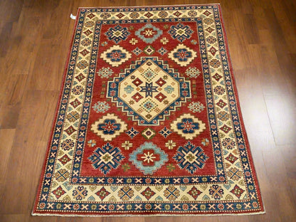 Kazak Rest Blue Multicolor 5X7 Handmade Wool Rug # 9450