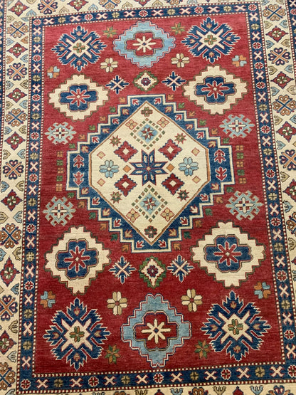 Kazak Rest Blue Multicolor 5X7 Handmade Wool Rug # 9450