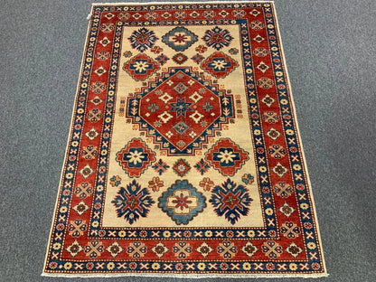 Kazak Ivory/Rest Multicolor 5X7 Handmade Wool Rug # 10018