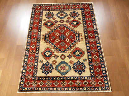 Kazak Ivory/Rest Multicolor 5X7 Handmade Wool Rug # 10018