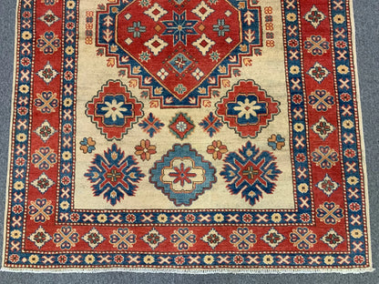 Kazak Ivory/Rest Multicolor 5X7 Handmade Wool Rug # 10018