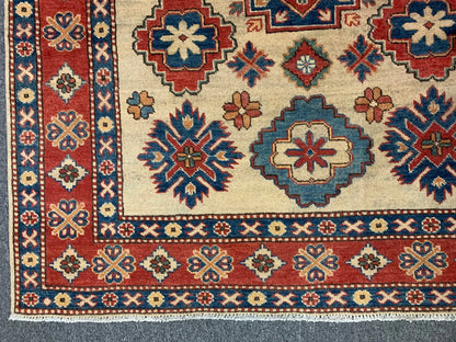 Kazak Ivory/Rest Multicolor 5X7 Handmade Wool Rug # 10018