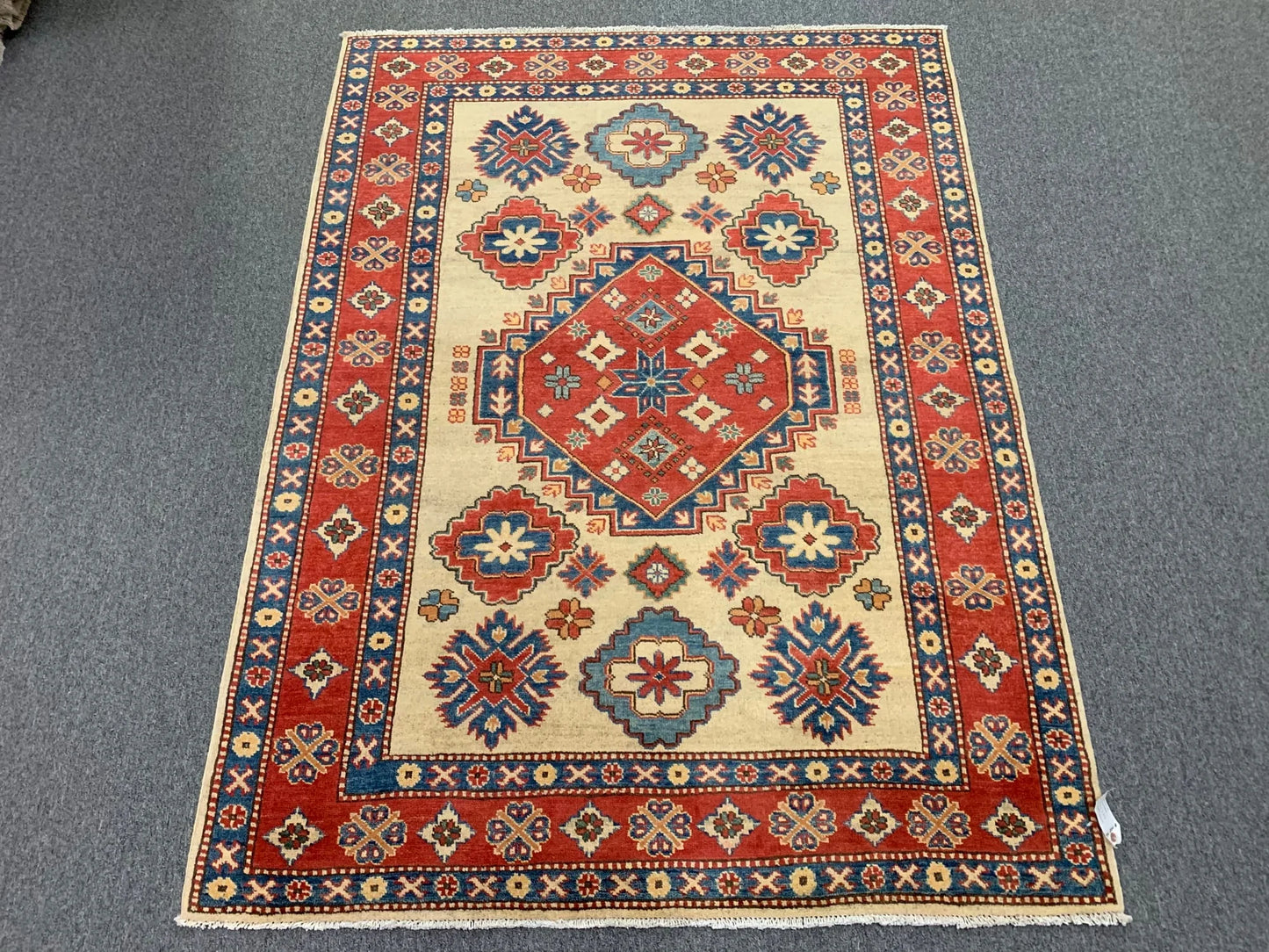 Kazak Ivory/Rest Multicolor 5X7 Handmade Wool Rug # 10018