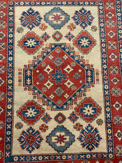 Kazak Ivory/Rest Multicolor 5X7 Handmade Wool Rug # 10018