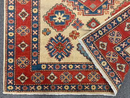 Kazak Ivory/Rest Multicolor 5X7 Handmade Wool Rug # 10018