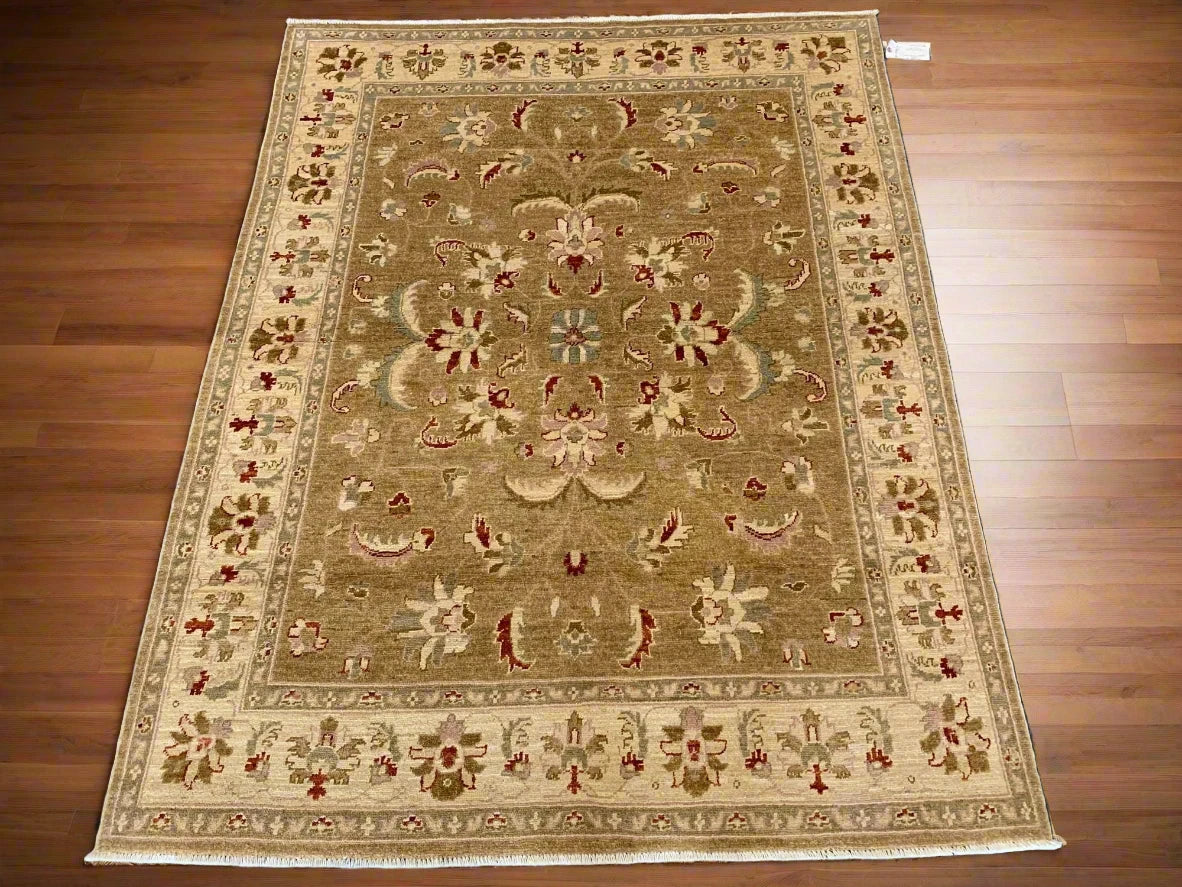 Oushak Ivory/Light Green 5X7 Handmade Wool Rug # 7995