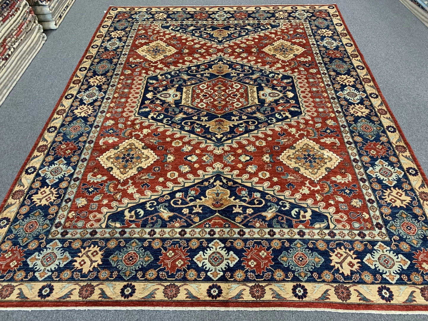 Red/Navy Blue 9X12 Medallion Handmade Wool Rug # 11100