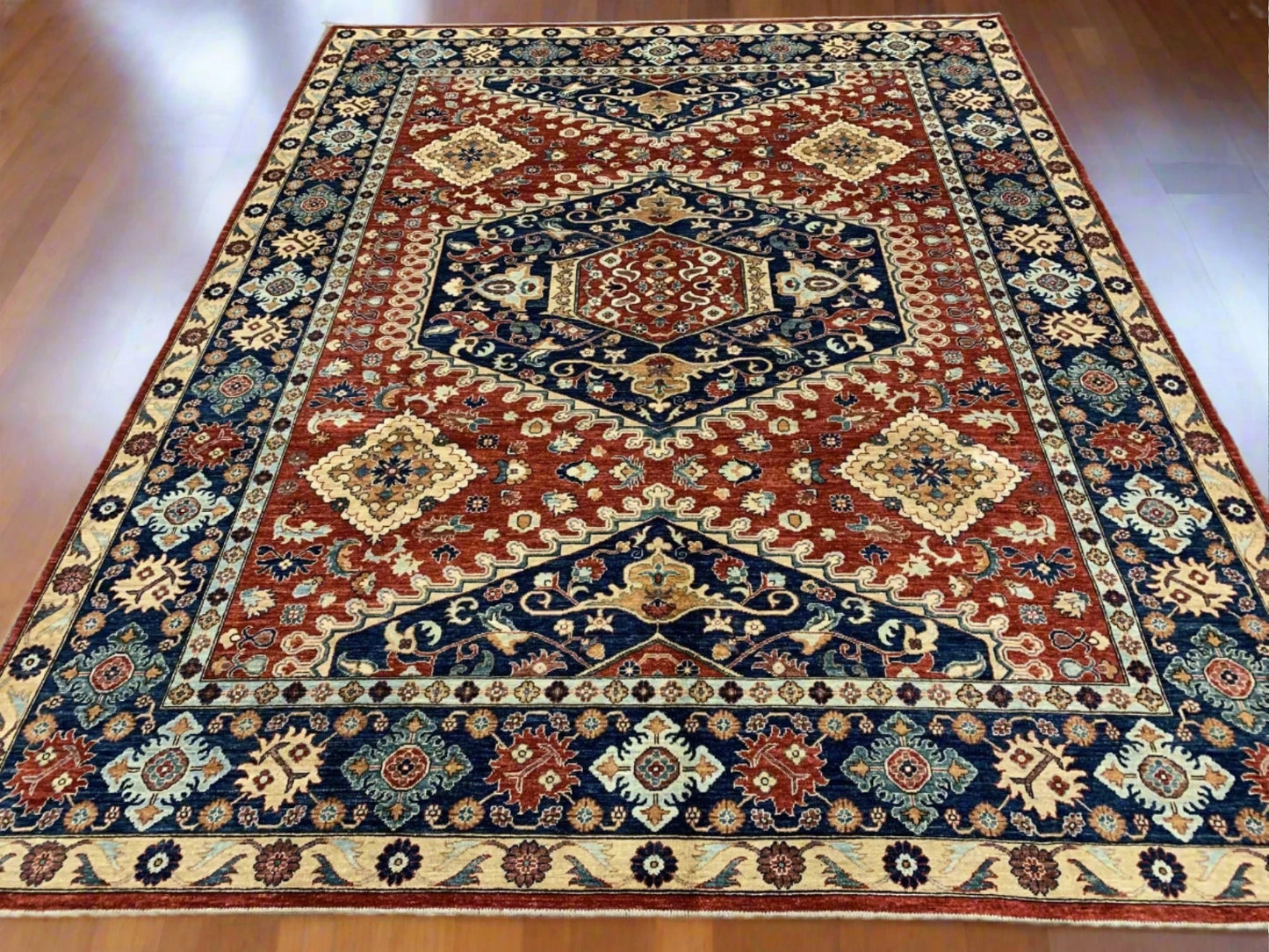 Red/Navy Blue 9X12 Medallion Handmade Wool Rug # 11100