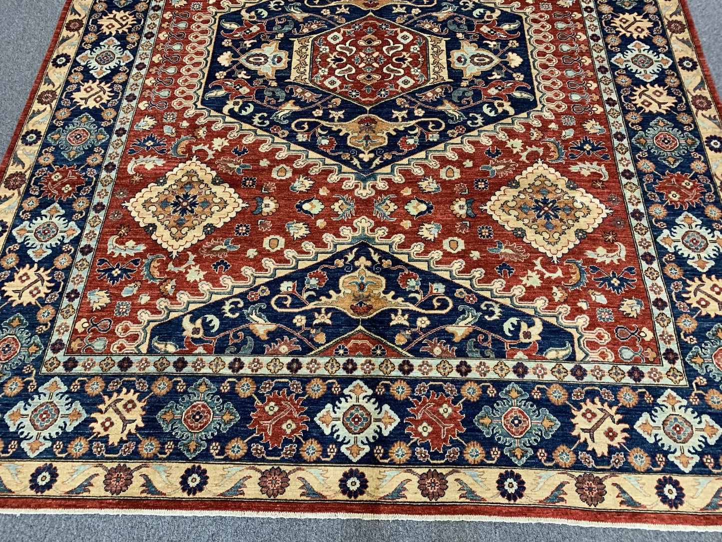 Red/Navy Blue 9X12 Medallion Handmade Wool Rug # 11100