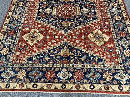 Red/Navy Blue 9X12 Medallion Handmade Wool Rug # 11100