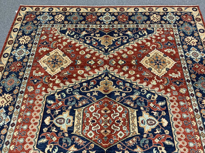 Red/Navy Blue 9X12 Medallion Handmade Wool Rug # 11100