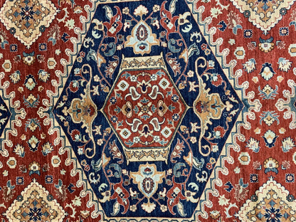 Red/Navy Blue 9X12 Medallion Handmade Wool Rug # 11100