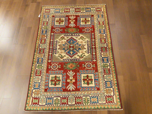 Kazak Geometric Multicolor 4X6 Handmade Wool Rug # 9902